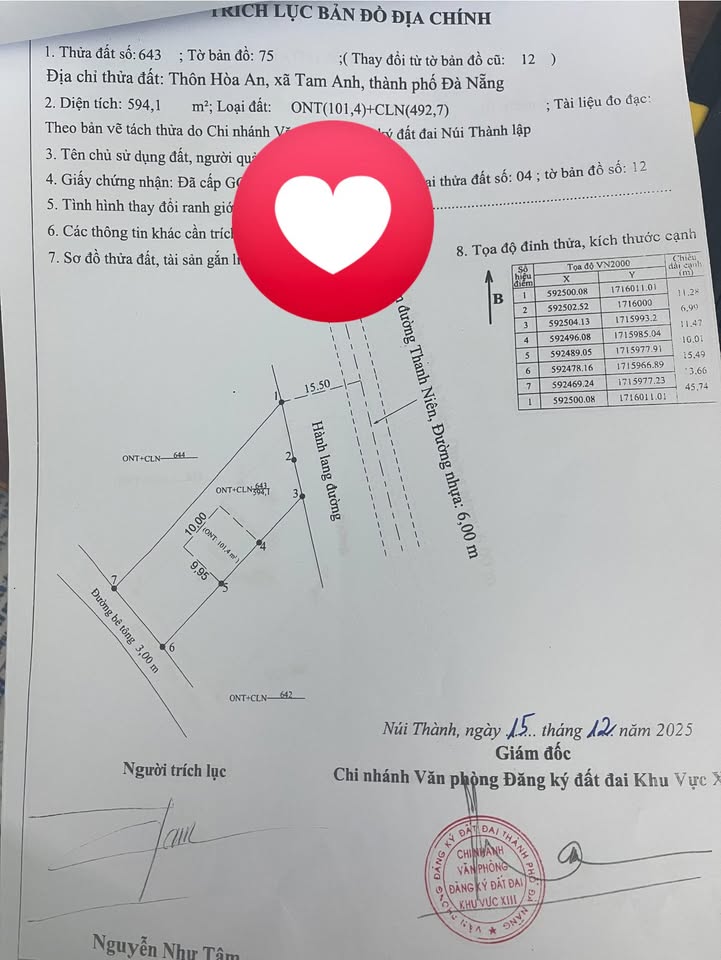 Đất nền thôn 6, xã Tam Hòa, Núi Thành 600m² giá 3.2 tỷ - Vị trí đắc địa 2 mặt tiền!