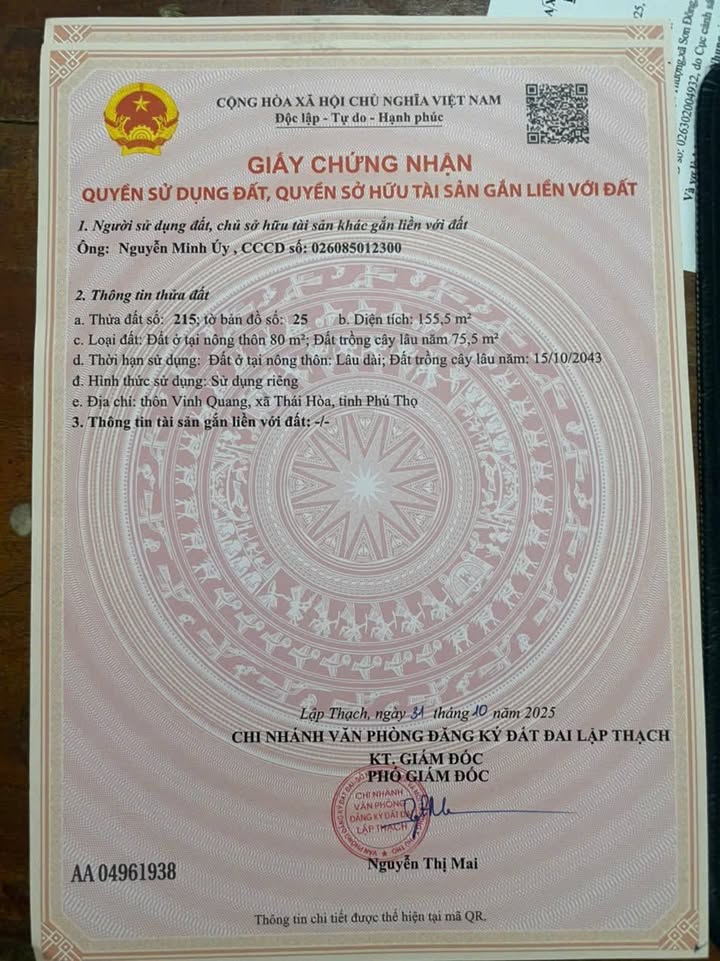 Đất nền thổ cư 144m² tại thôn Vinh Quang, Lập Thạch - Sổ đỏ chính chủ, giá chỉ 500 triệu!