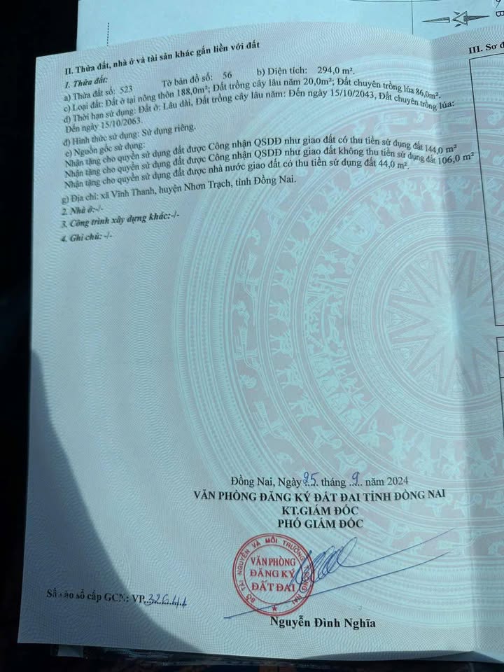 Đất mặt tiền Vĩnh Thanh Nhơn Trạch 294m² giá 8.5 tỷ - Cơ hội đầu tư tuyệt vời!