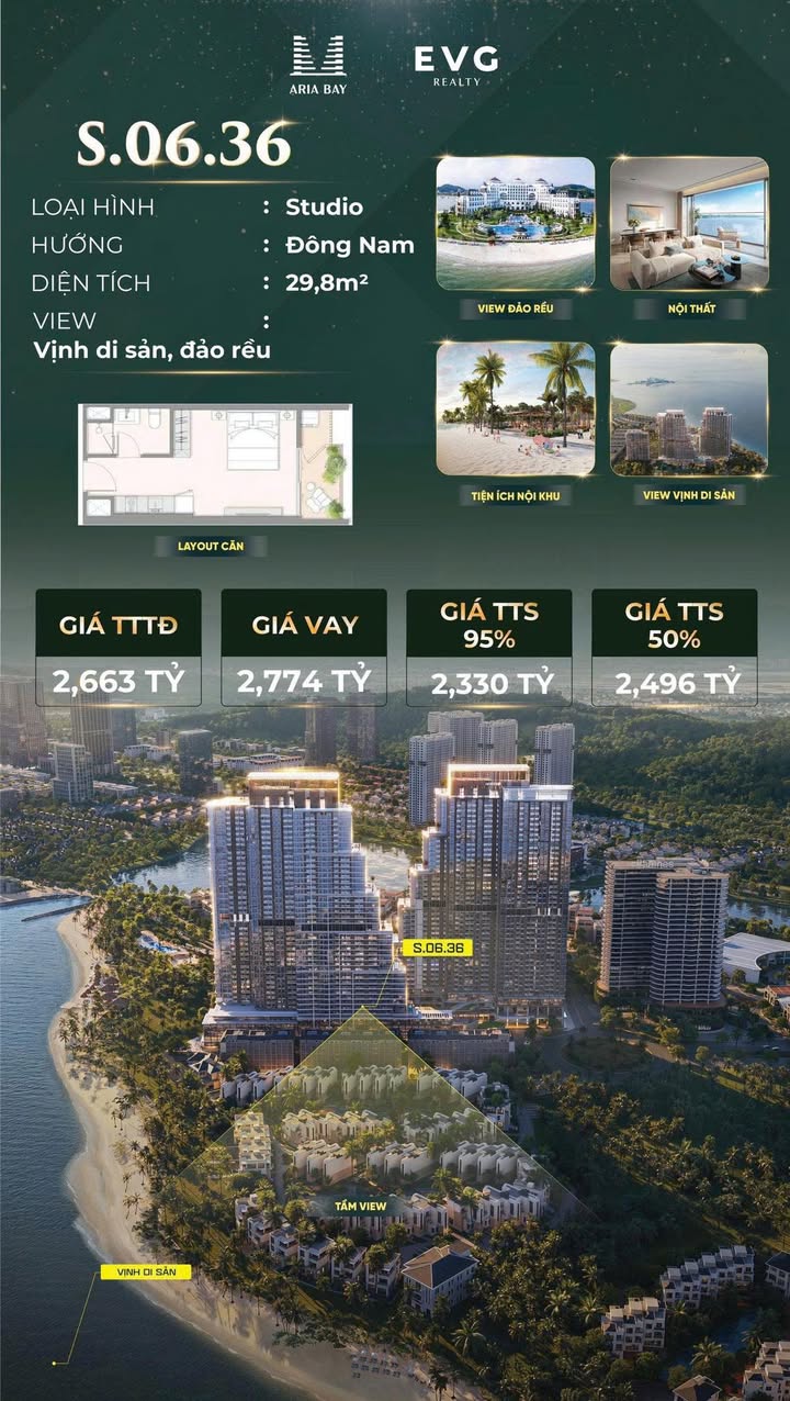 Căn hộ Studio Aria Bay Hạ Long 29m² - Hướng Đông Nam view đảo rều tuyệt đẹp!