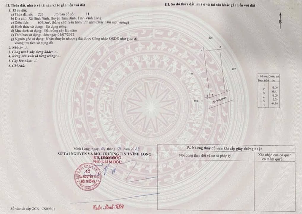 Đất nền xã Bình Ninh, huyện Tam Bình 600m² chỉ 520 triệu - Cơ hội đầu tư hấp dẫn!