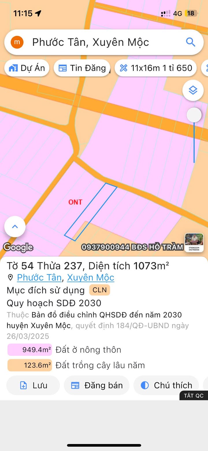 Đất nền Hồ Tràm, Xuyên Mộc 1073m² giá 2 tỷ - Sổ hồng chính chủ!