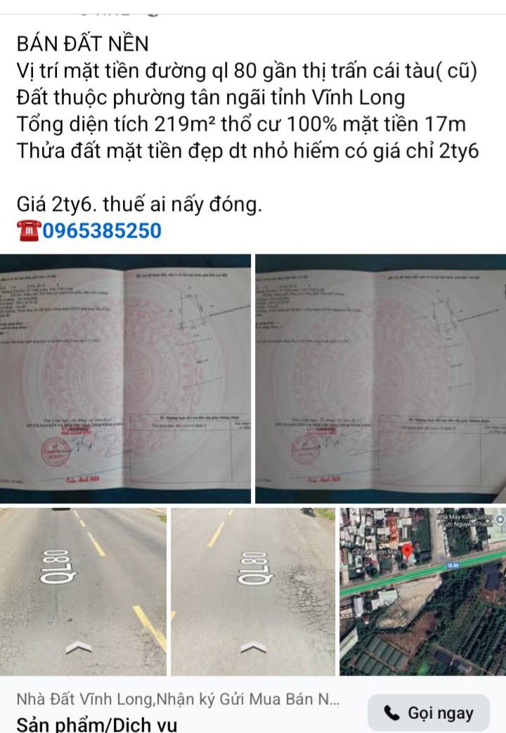 Đất nền mặt tiền Quốc lộ 80, Vĩnh Long 219m² chỉ 2.6 tỷ - Cơ hội đầu tư hiếm có!