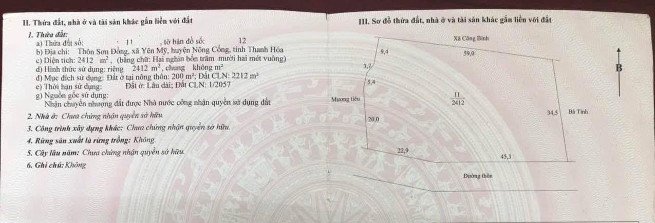 Đất nền 2412m² tại thôn Sơn Đồng, Yên Mỹ, Nông Cống - Giá chỉ 1 tỷ VND!