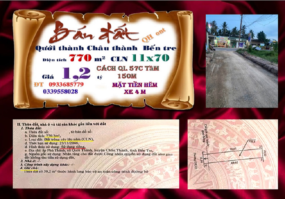 Đất nền Quới Thành, Châu Thành, Bến Tre 770m² giá 1.2 tỷ - Tiện ích đầy đủ, sẵn sàng đầu tư!