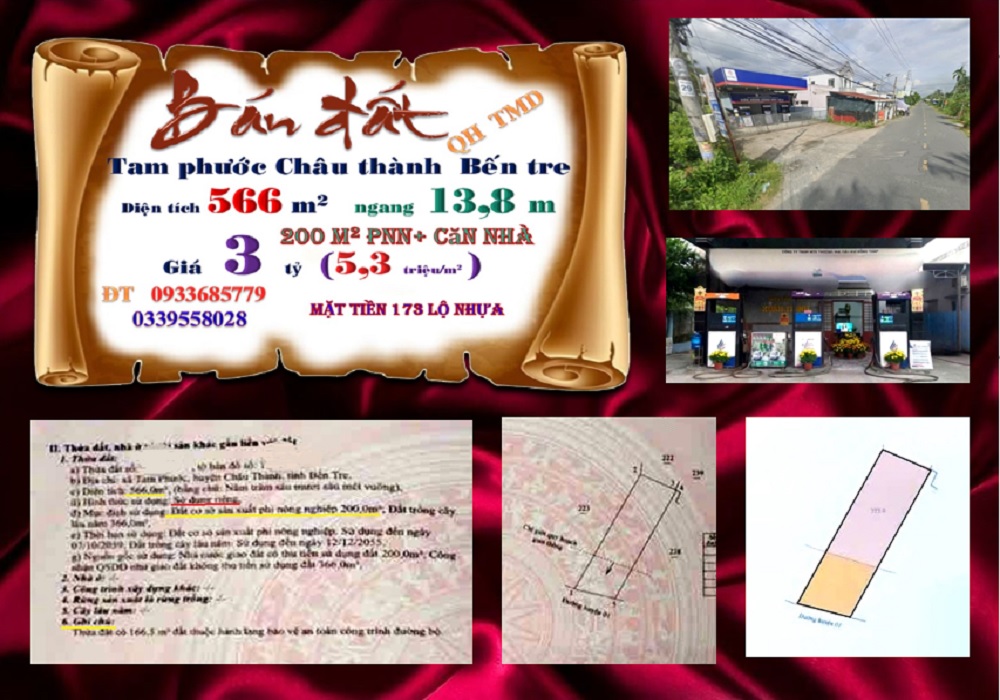 Đất thương mại mặt tiền cây xăng Tam Phước, Châu Thành, Bến Tre 566m² - Đầu tư sinh lợi ngay!