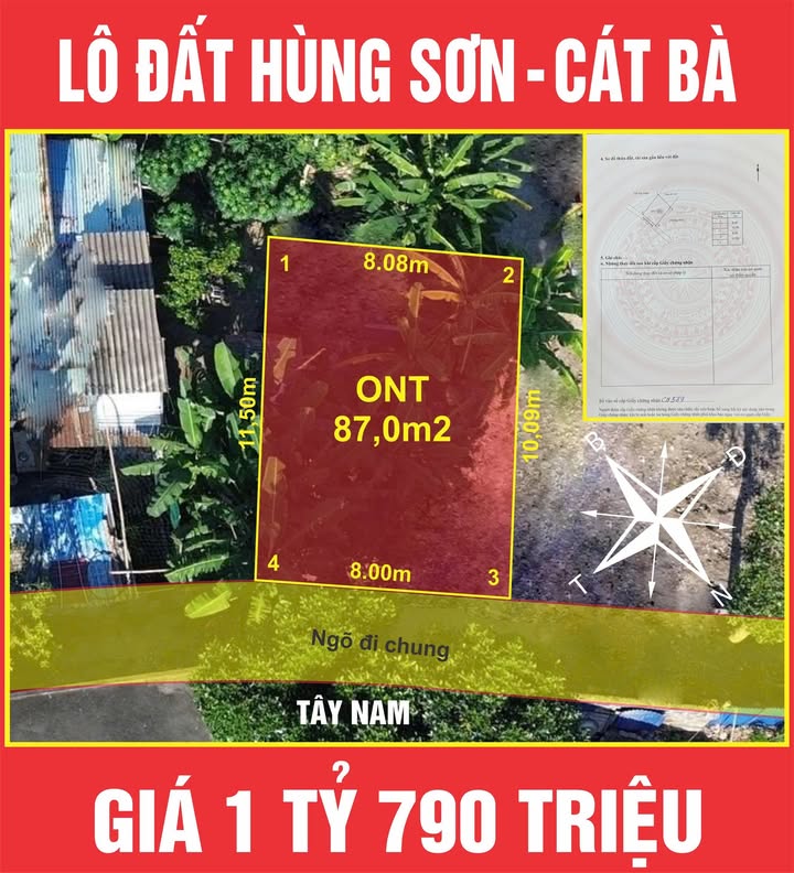 Đất Hùng Sơn, Cát Bà 87m² giá 1.79 tỷ - Sổ đỏ chính chủ, đầu tư sinh lời!