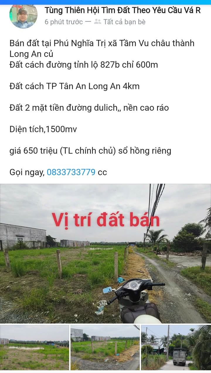 Đất nền tại Tầm Vu, Châu Thành, Long An 1500m² giá 650 triệu - Sổ hồng riêng chính chủ!