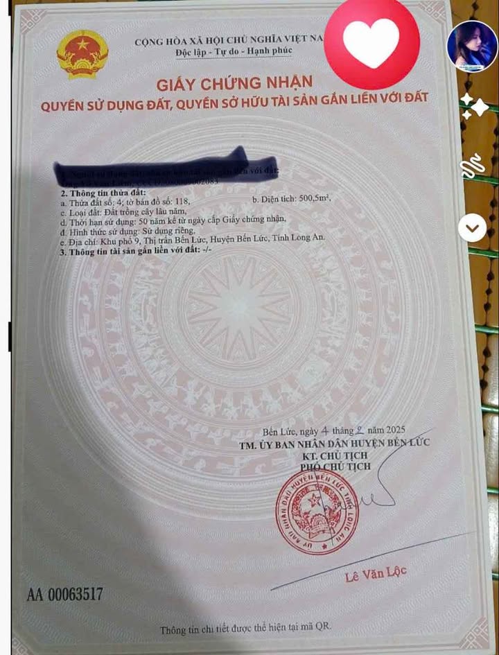 Đất 500m² tại khu phố 9, thị trấn Bến Lức, giá 1.85 tỷ - Cơ hội đầu tư hấp dẫn!