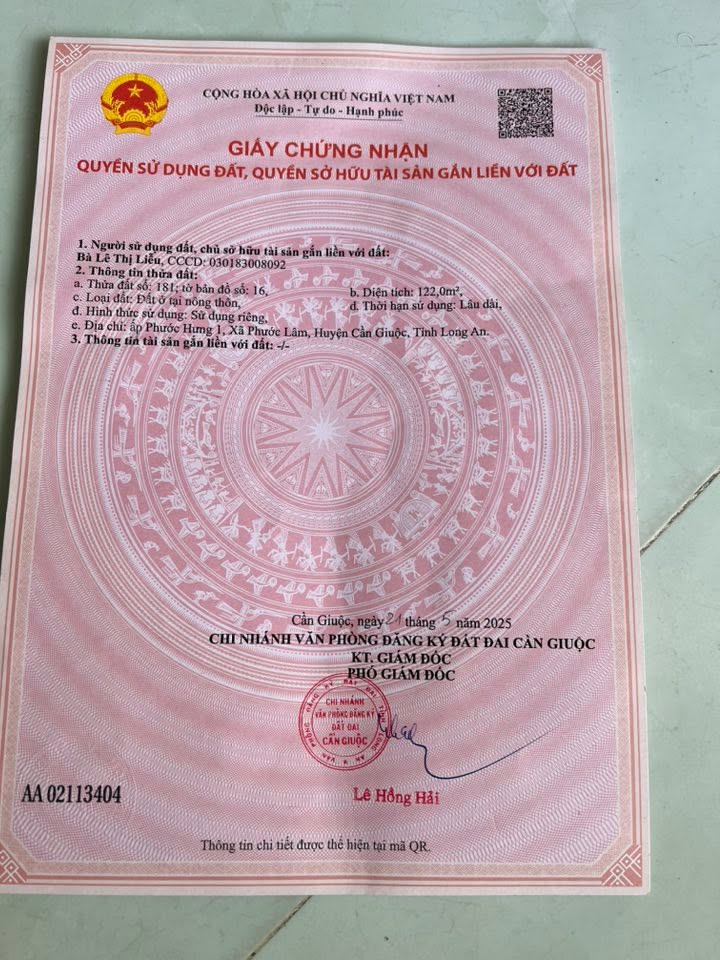 Đất nền thổ cư Phước Lâm 120m² giá 1.2 tỷ - Sổ đỏ chính chủ