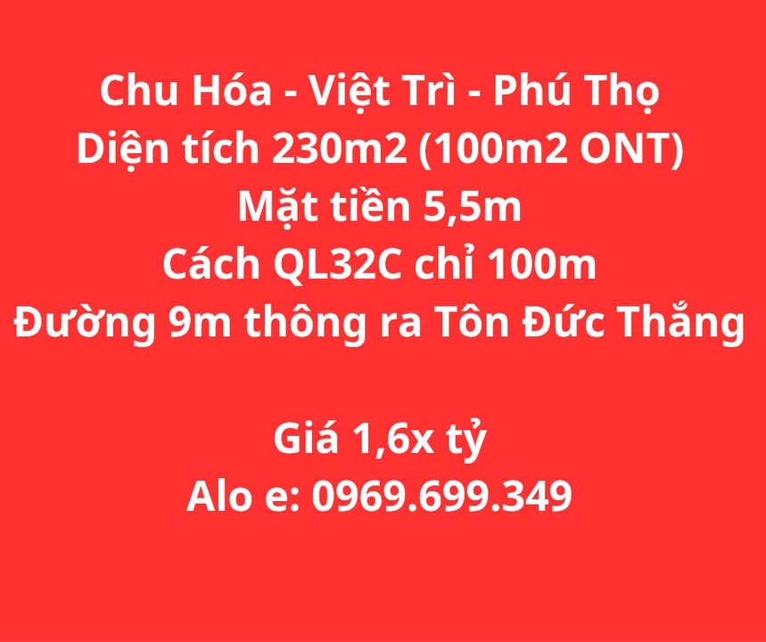 Đất nền tại xã Chu Hóa, Việt Trì 230m² giá 1.6 tỷ - Đầu tư sinh lời hấp dẫn!