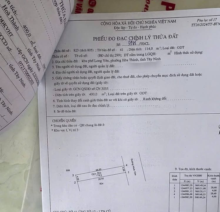 Đất nền Hòa Thành, Tây Ninh 1580m² giá 2.2 tỷ - Đầu tư lý tưởng cho khách sạn hoặc khu nghỉ dưỡng!