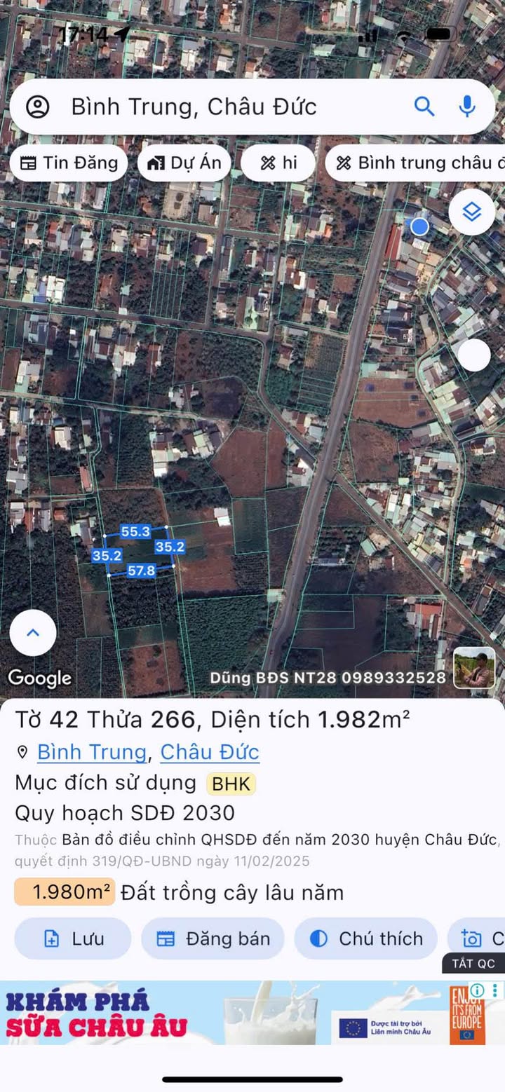 Đất nền 2 sào Bình Trung, Châu Đức - 7200m² giá 3 tỷ - Đầu tư sinh lời ngay!