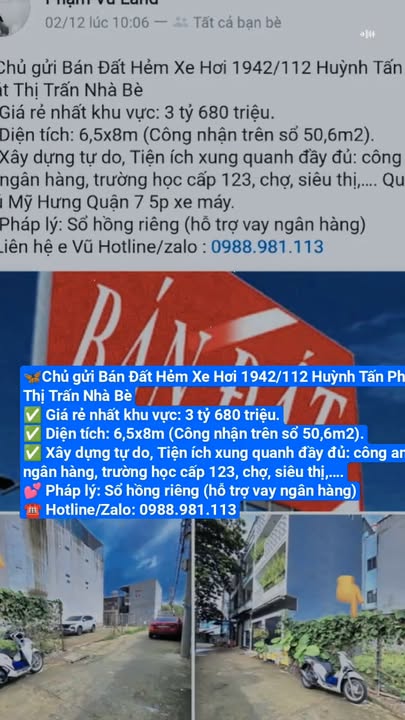 Đất Hẻm Xe Hơi 1942/112 Huỳnh Tấn Phát, Nhà Bè 50m² giá 3.68 tỷ - Sổ hồng chính chủ!