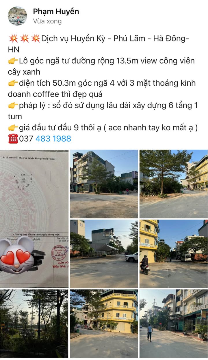 Đất nền lô góc Phú Lãm, Hà Đông 50.3m² giá 9 tỷ - Đầu tư sinh lời tốt!