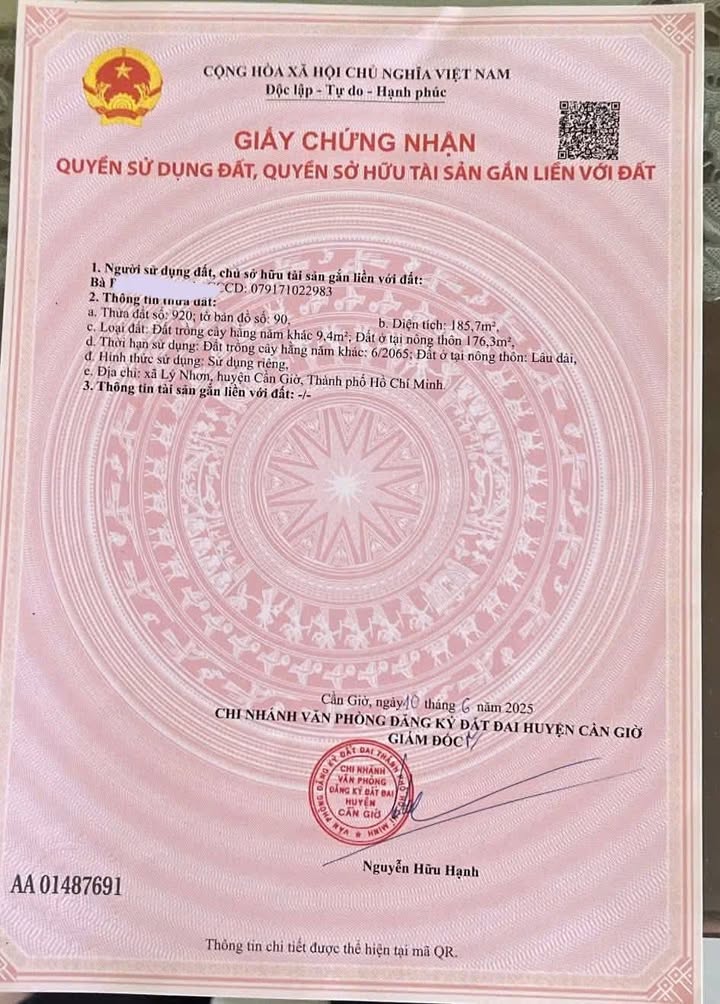 Đất nền Lý Nhơn, Cần Giờ 185,7m² giá 2 tỷ - Sổ hồng riêng, sang tên nhanh!