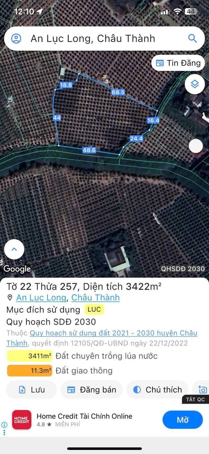 Đất lúa An Lục Long, Châu Thành 3422m² giá 1.027 tỷ - Cơ hội đầu tư hấp dẫn!