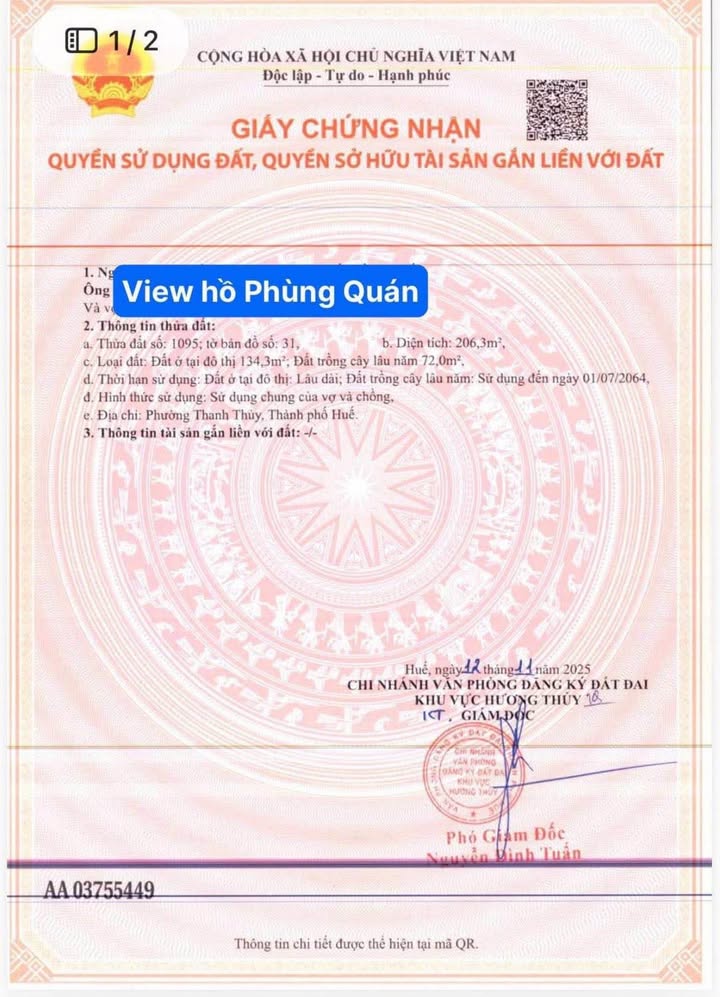 Đất nền 206.3m² tại TP. Huế - View hồ sinh thái đẹp, giá chỉ 3.5 tỷ