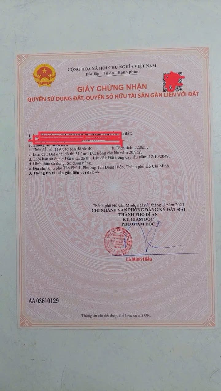 Đất thổ cư Tân Phú 1, Tân Đông Hiệp, 52m² giá 2.15 tỷ - Cơ hội đầu tư tuyệt vời!