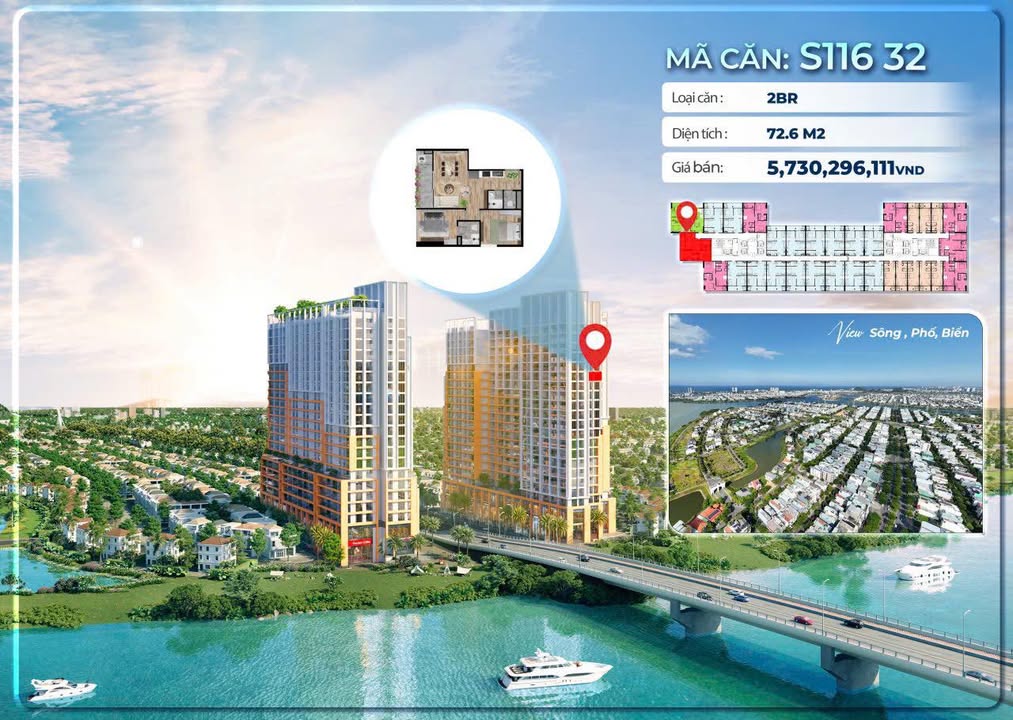 Căn hộ 2PN Spana Đà Nẵng 72m² giá 4.8 tỷ - View sông tuyệt đẹp!