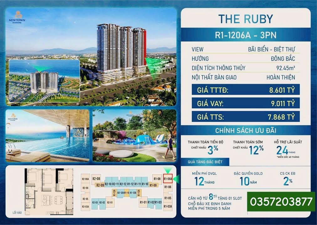 Căn hộ 3PN The Ruby Đà Nẵng 92.45m² giá 7.868 tỷ - Tầm nhìn biển tuyệt đẹp!