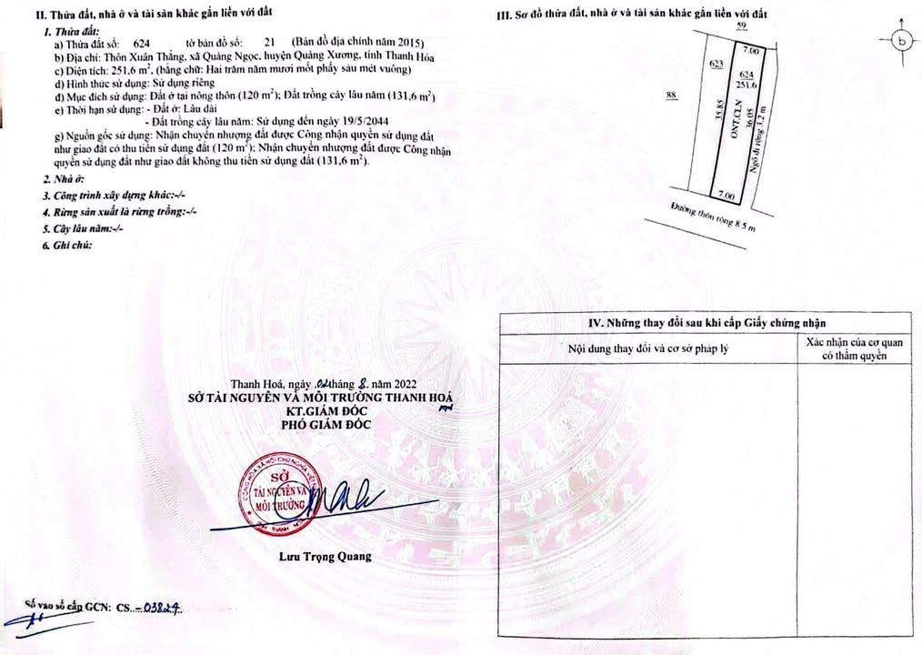 Đất nền tại Quảng Ngọc 255.5m² giá thỏa thuận - Mặt tiền 7m, đường 8.5m