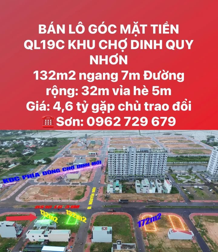 Đất nền lô góc mặt tiền QL19C Khu Chợ Dinh Quy Nhơn 132m² giá 4.6 tỷ - Đầu tư sinh lời ngay!