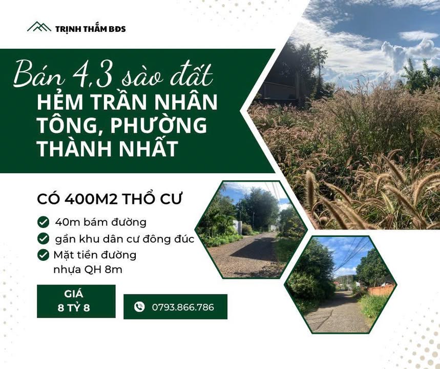 Đất nền 4,3 sào hẻm Trần Nhân Tông, Thành Nhất - Đầu tư sinh lời ngay!