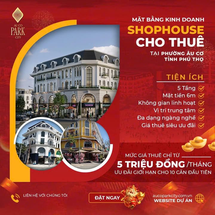 Shophouse cho thuê tại Âu Cơ Park City, Phú Thọ - Thiết kế hiện đại, giá chỉ 5 triệu/tháng!