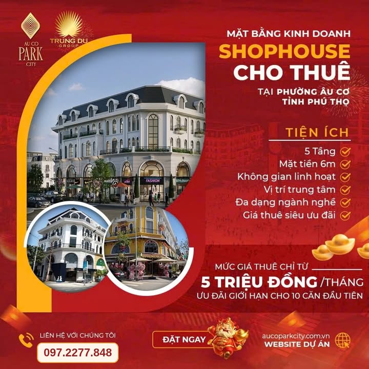 Shophouse cho thuê tại Âu Cơ Park City, Phú Thọ - Thiết kế hiện đại, vị trí đắc địa chỉ từ 5 triệu/tháng!
