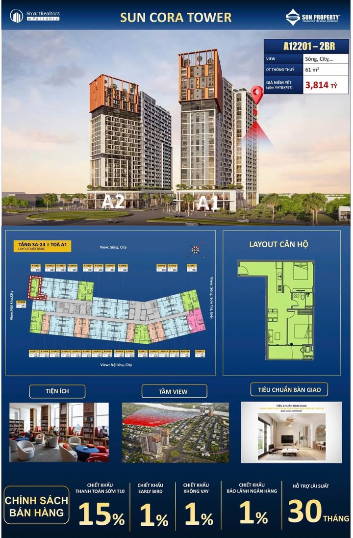 Căn hộ Sun Cora Đà Nẵng 61m² giá 3.182 tỷ - Căn góc view sông đẹp!
