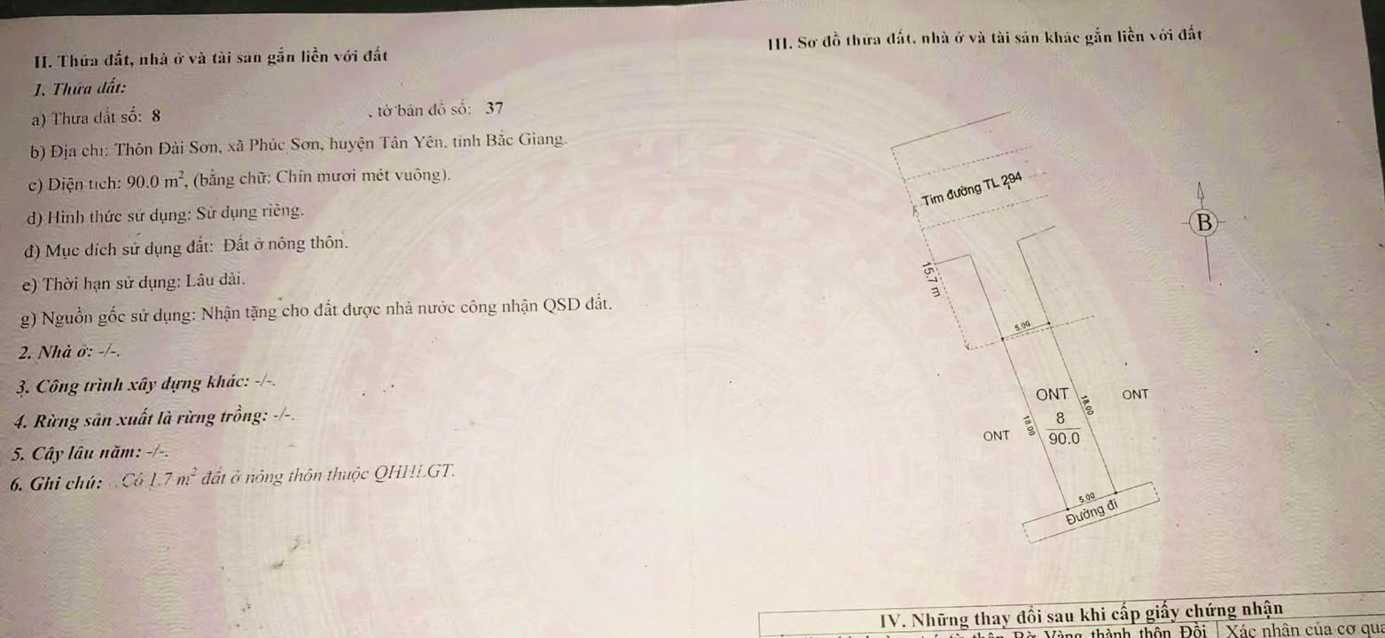 Lô đất Tỉnh lộ 294, Phúc Sơn, Tân Yên, 90m² - Cơ hội đầu tư hấp dẫn!