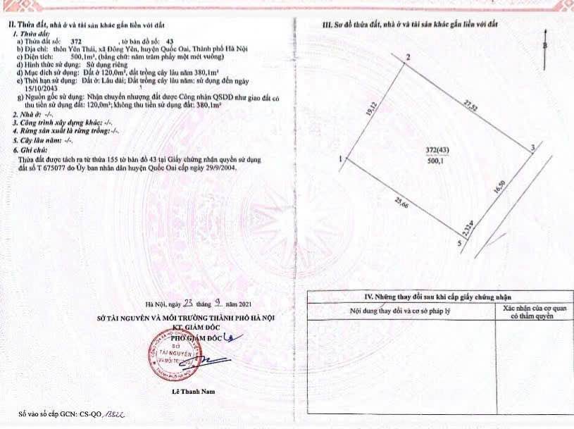 Bán đất Yên Thái, Phú Cát, Quốc Oai 500,1m² - Vị trí đắc địa, giá chỉ 20 triệu/m²!