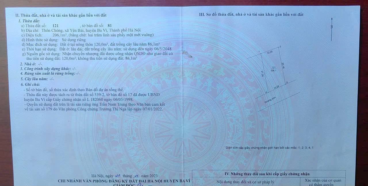 Đất thổ cư 206m² thôn Chóng, Ba Vì - Sổ đỏ chính chủ, giá tốt đầu tư!