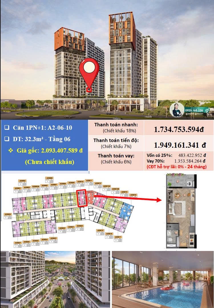 Căn hộ studio Cora Tower 32.3m² giá chỉ 1.734 tỷ - Gần cầu Hòa Xuân chỉ 800m!