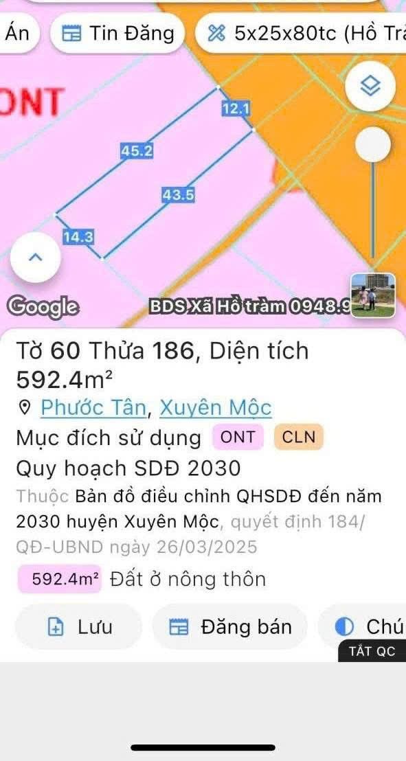 Đất thổ cư 540m² mặt tiền đường 328, xã Hồ Tràm - Giá chỉ 11 tỷ!