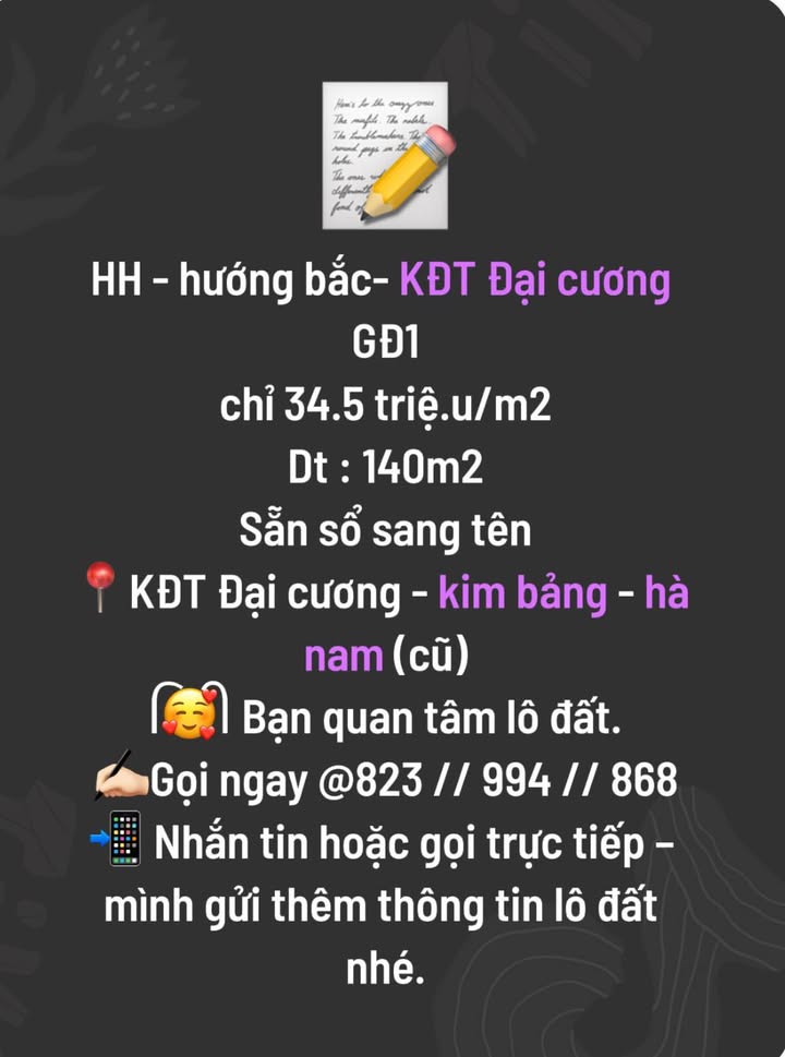 Đất nền KĐT Đại Cương Kim Bảng 140m² giá chỉ 4.83 tỷ - Sổ đỏ chính chủ