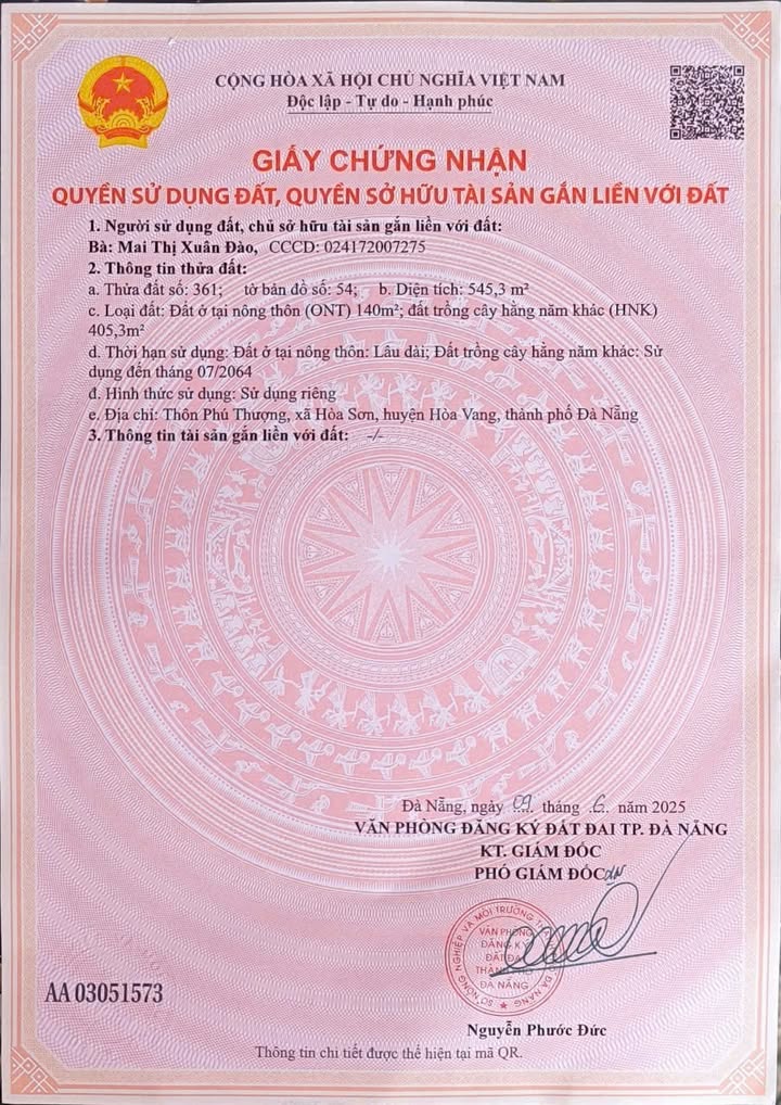 Đất nền Hòa Sơn Đà Nẵng 545m² giá chỉ 2.5 tỷ - Khu dân cư đông đúc!
