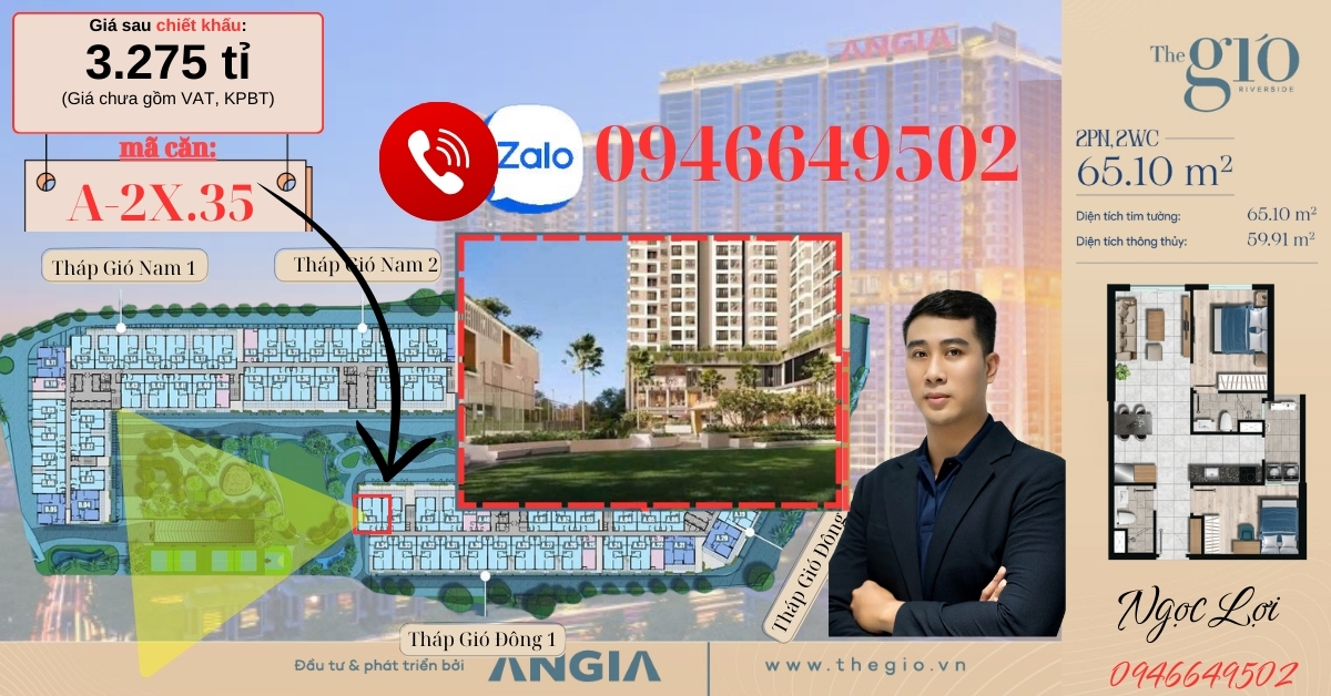 Căn hộ The Gió Riverside Dĩ An 65m² giá 3.198 tỷ - View đẹp không che chắn!