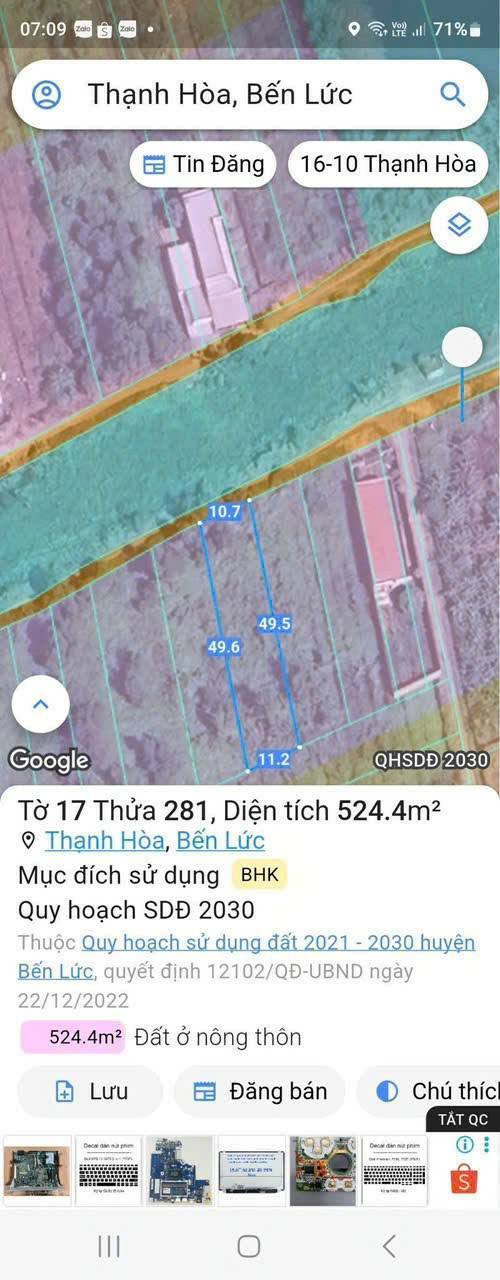 Đất vườn mặt tiền Kênh Công Si, Bến Lức 524m² giá chỉ 580 triệu - Sổ hồng đầy đủ!