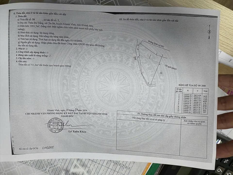 Đất mặt tiền Quốc Lộ 27C, xã Cầu Bà, Khánh Vĩnh 1952m² giá 1.4 tỷ - Cơ hội đầu tư vàng!