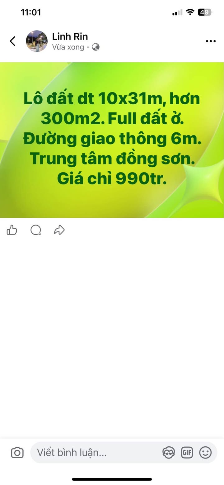 Lô đất Đồng Sơn 310m² giá 990 triệu - Đường rộng 6m, vị trí trung tâm!