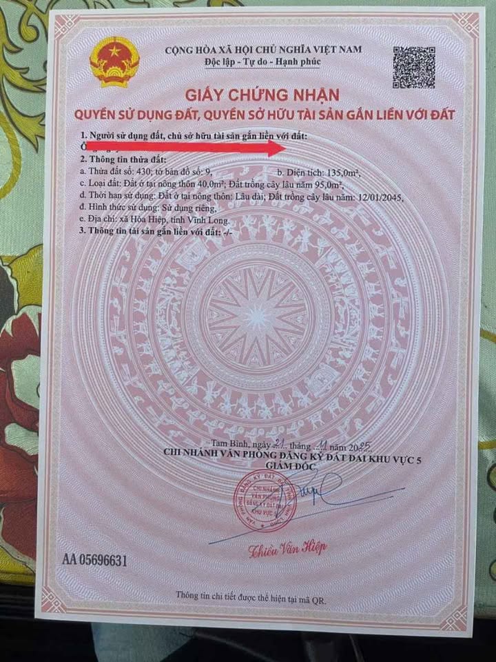 Đất nền Hòa Lộc, Tam Bình 135m² giá 220 triệu - Sổ đỏ chính chủ, công chứng ngay!