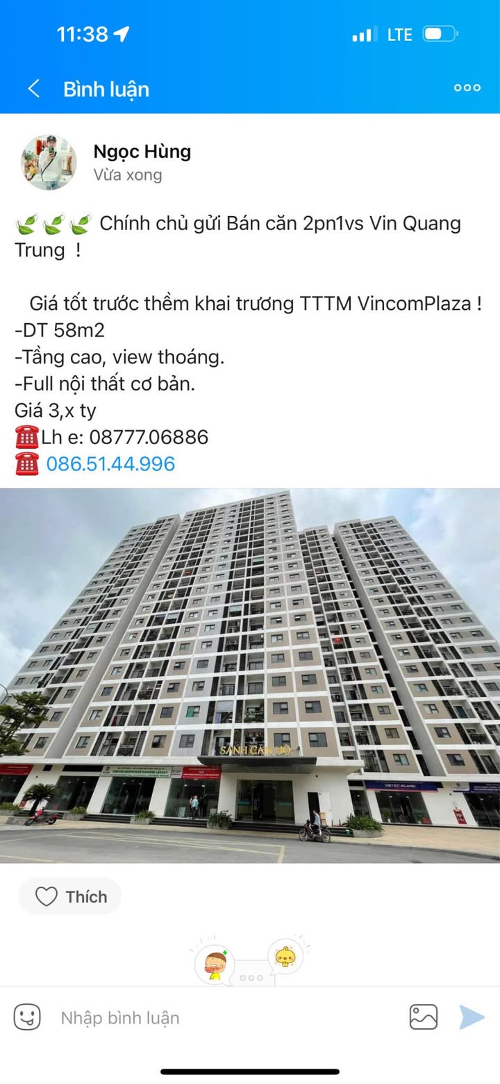 Căn hộ 2 phòng ngủ Vincom Quang Trung 58m² giá 3 tỷ - View thoáng, Full nội thất