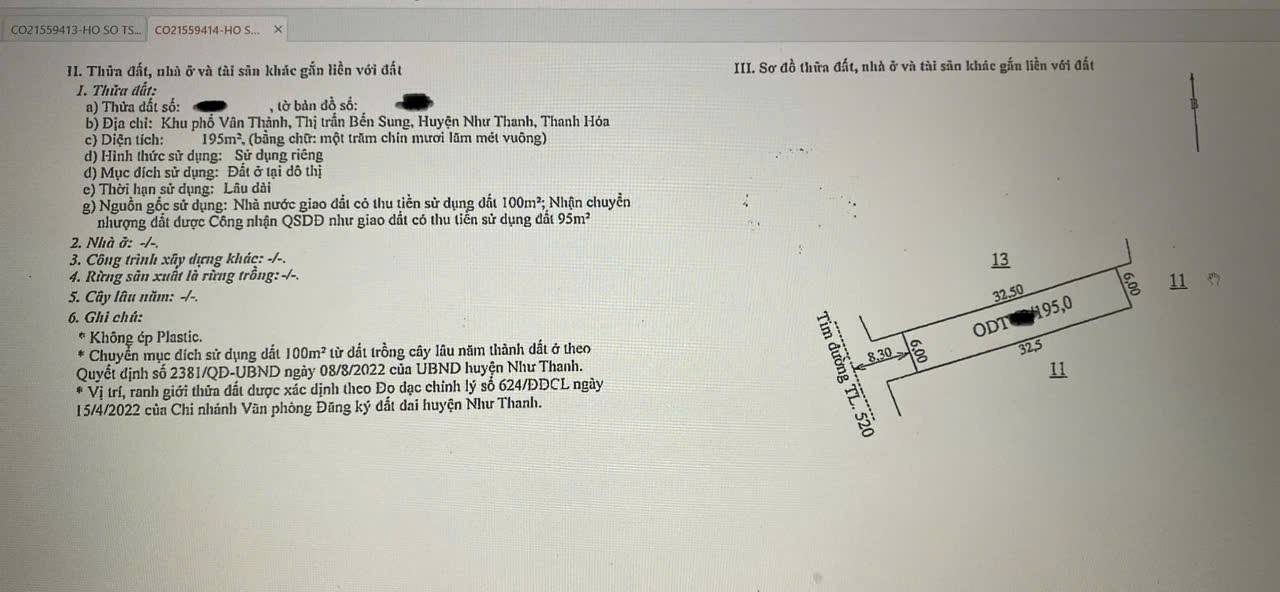Lô đất 195m² tại Bến Sung, Như Thanh - Giá 900 triệu, chính chủ bán gấp!