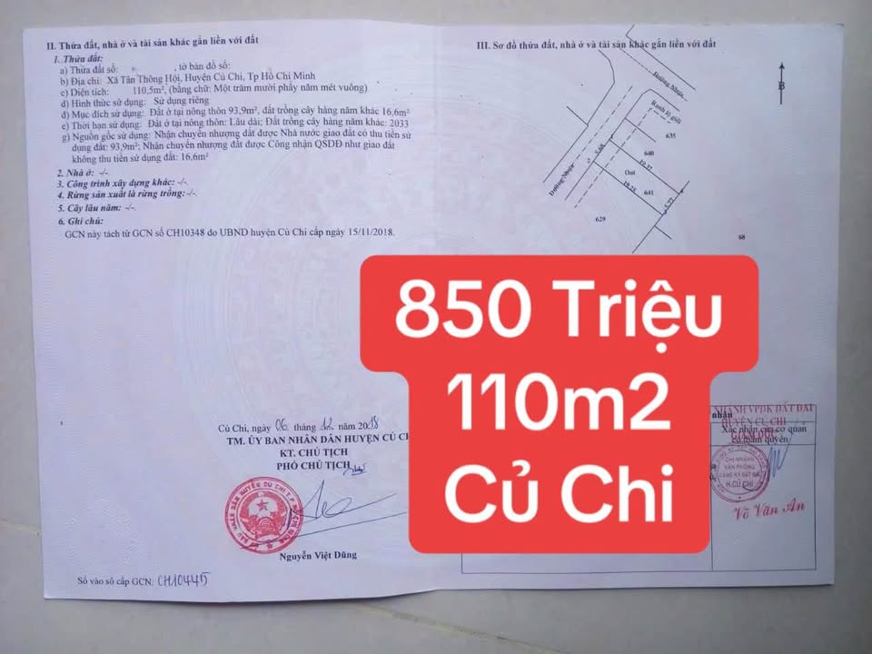 Đất nền 110m² tại Củ Chi giá 850 triệu - Cơ hội đầu tư sinh lời!