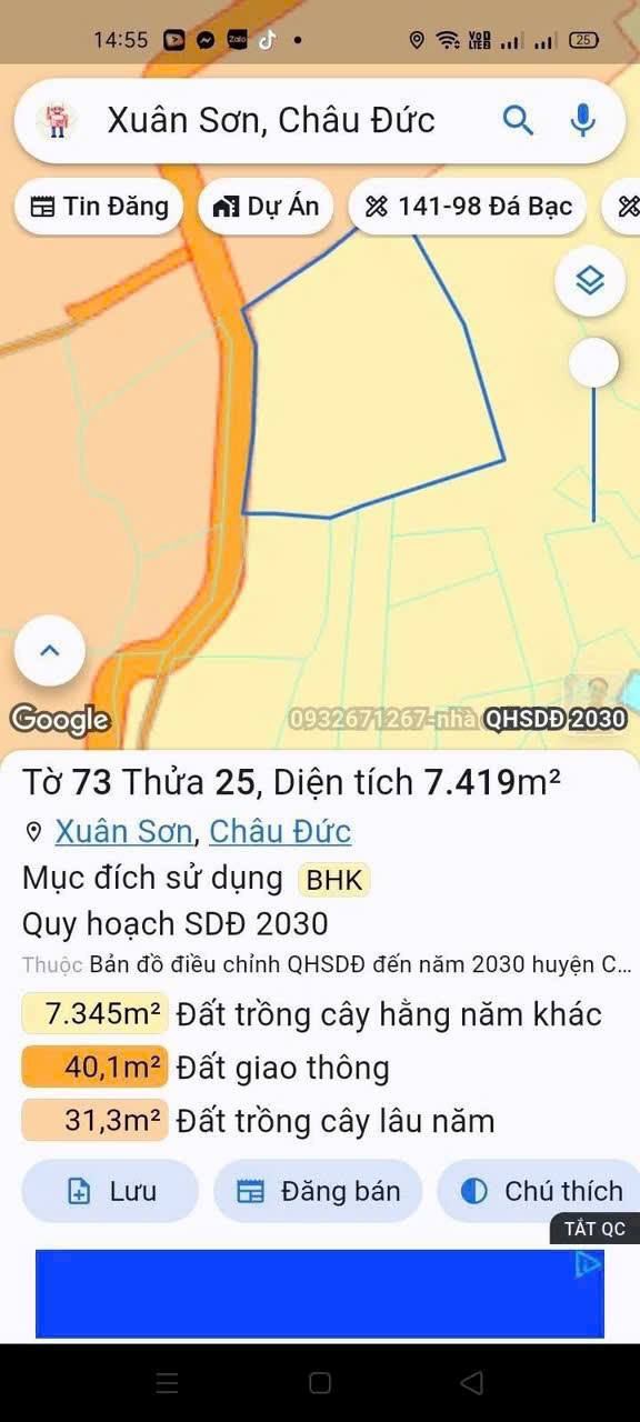 Đất nền 7 sào Xuân Sơn Châu Đức giá 1.92 tỷ - Mặt tiền nhựa đẹp