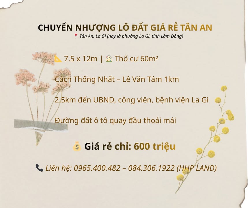 Đất nền Tân An La Gi 90m² giá 600 triệu - Vị trí trung tâm thuận tiện sinh hoạt!