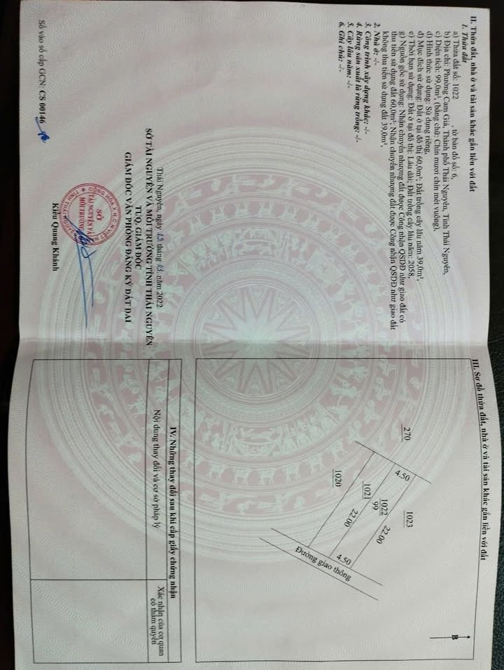 Đất thổ cư Cam Giá Thái Nguyên 99m² giá chỉ 300 triệu - Sổ hồng chính chủ!