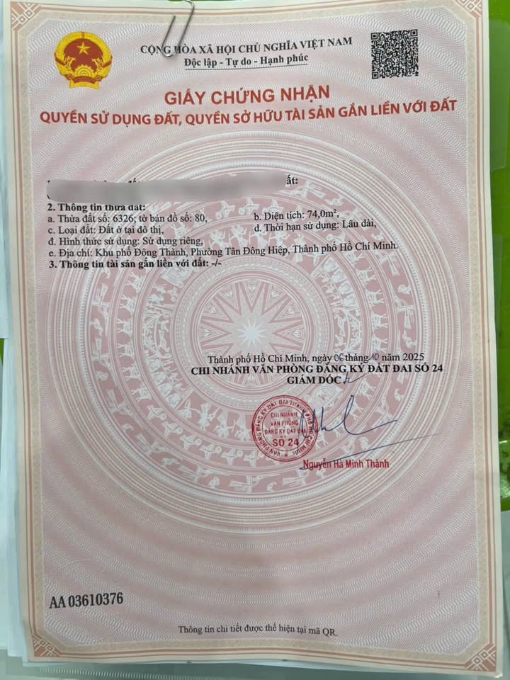 Đất thổ cư chính chủ Tân Đông Hiệp 74m² giá 2.45 tỷ - Đầu tư sinh lời ngay!